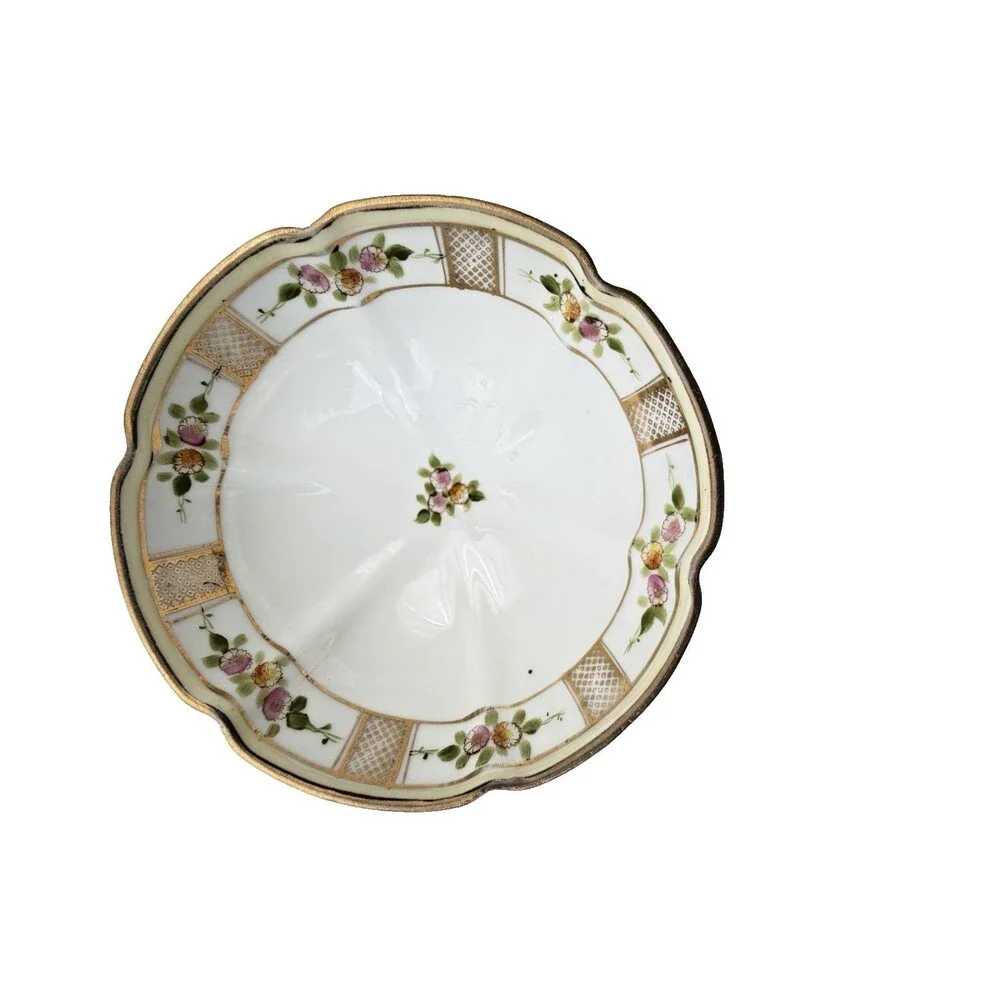 Vintage Hand Painted Nippon Footed Bowl Floral Gold Lattice Raised Relief 7